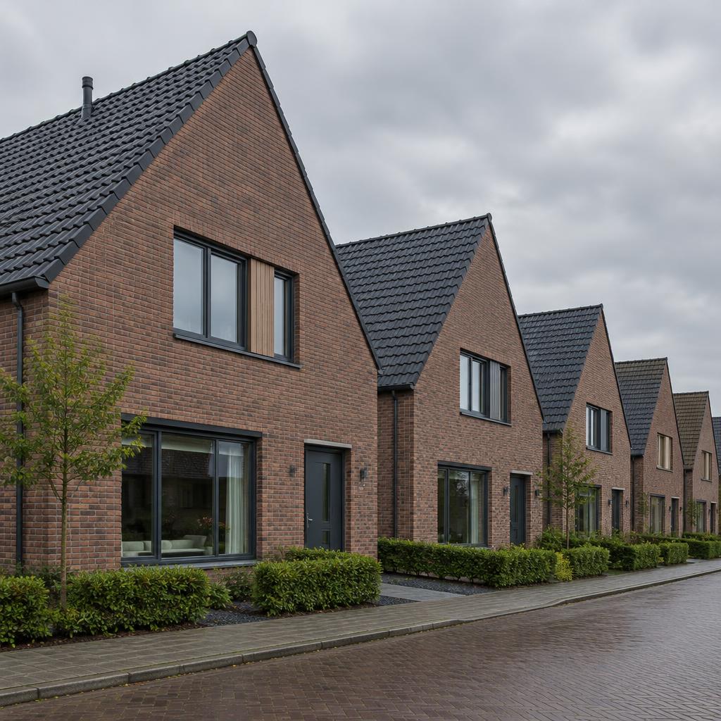 Rij hedendaagse bakstenen woningen met donkere daken